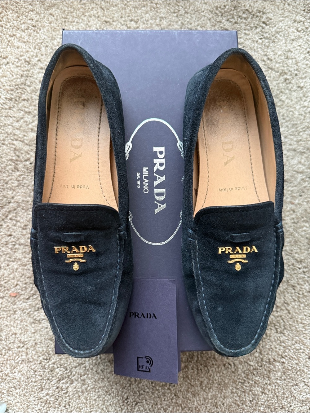 Prada Dark Navy Suede Women's Slip-On Loafers with Gold Logo